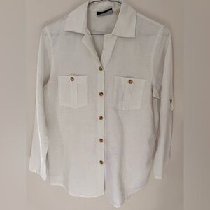 White Button-Up Shirt with Pockets
